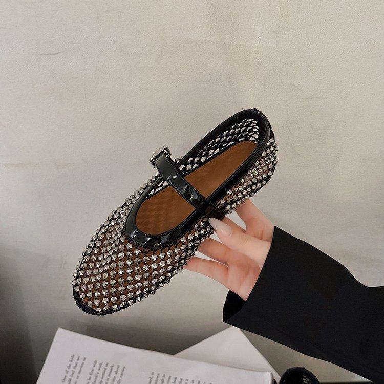 European Station Soft-soled Sparkling Rhinestone One-word Buckle Mary Jane Shoes Women's 2025 Summer New Shallow Mouth Flat-soled Single Shoes