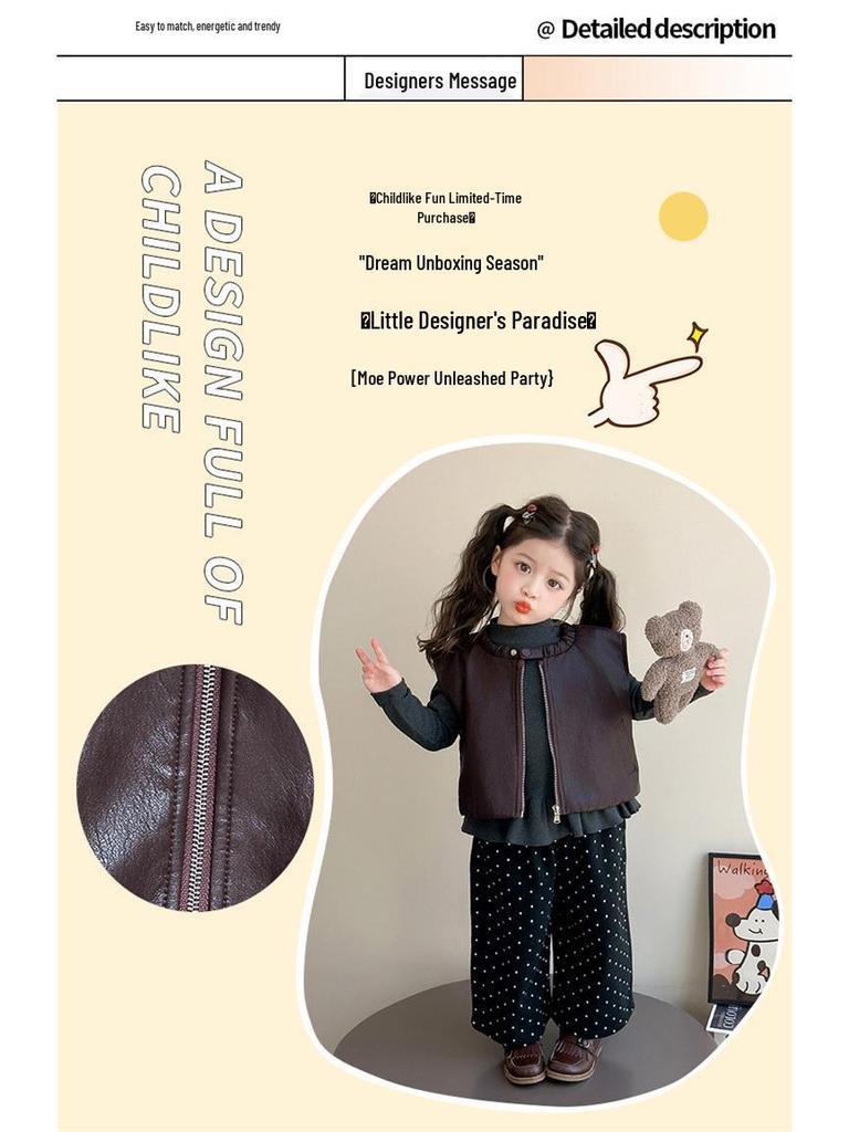 Jesień 2025 Zestaw Mody Dziewczęcej: Zestaw Trzyczęściowy Koszulka Bazowa w Stylu Koreańskim i Skórzana Kamizelka