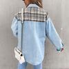 Damen-Jeansjacke mit kariertem Knopf und langen Ärmeln, modische Jacke mit karierten Nähten