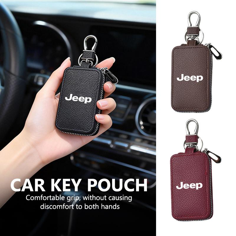 Leather Car Keychain Bag Organizer Key Zipper Case Bag Protection Cover For Jeep Cherokee Patriot Liberty Wrangler JK JL