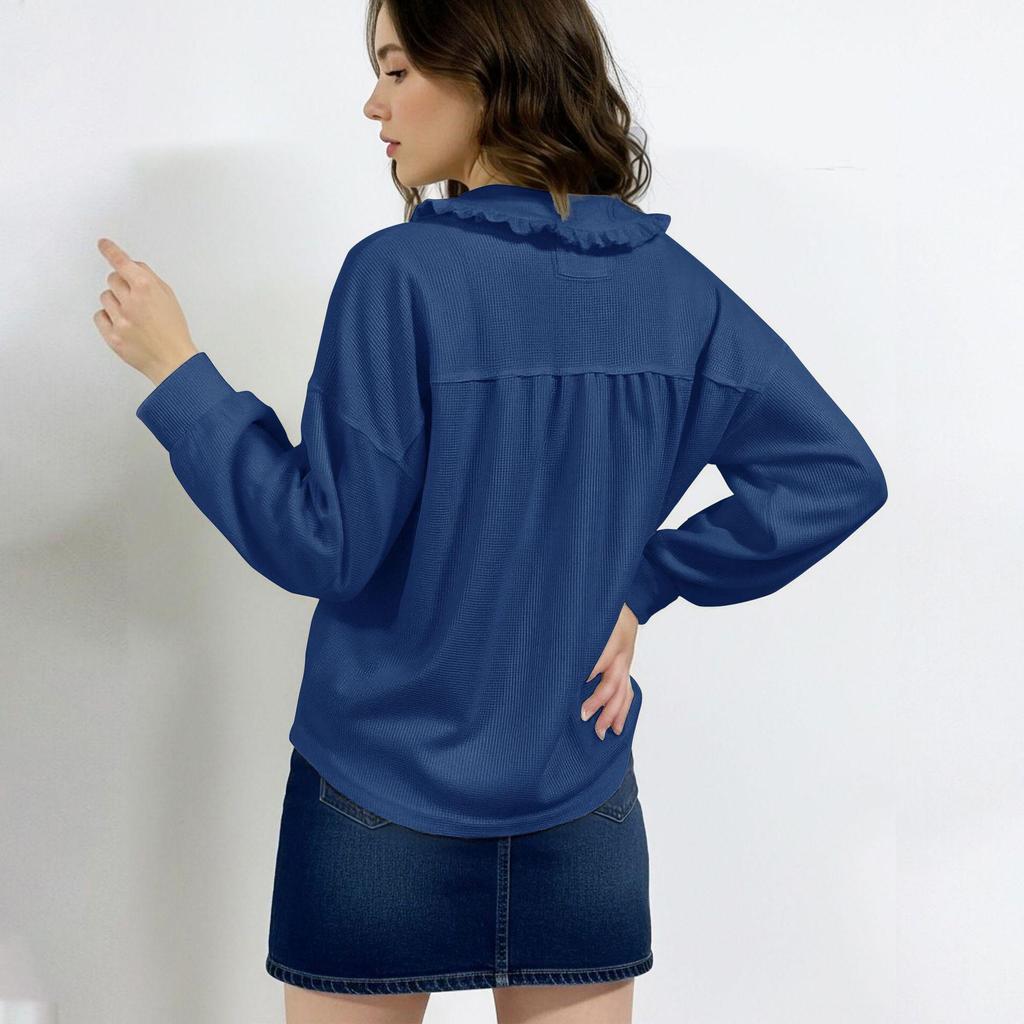 European & American Sweet Style Doll Collar Waffle Knit Long Sleeve Women's Shirt - New Spring Solid Color Design