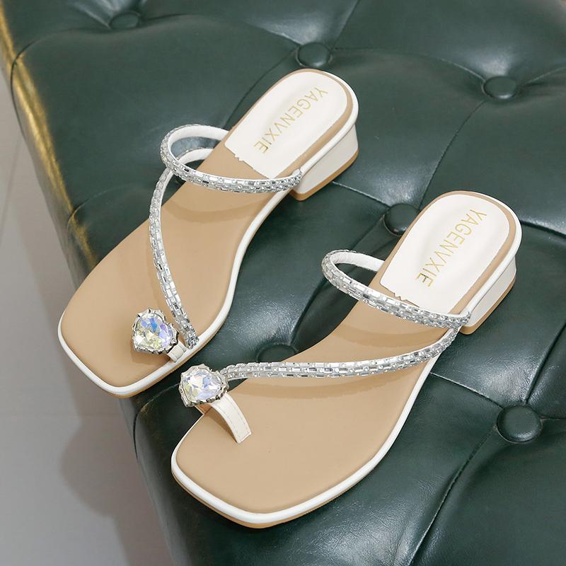 Women's Slippers Solid Color Love Diamond Decoration  Summer Flat with Square Toe Non-Slip Outdoor Non-slip Women Shoes