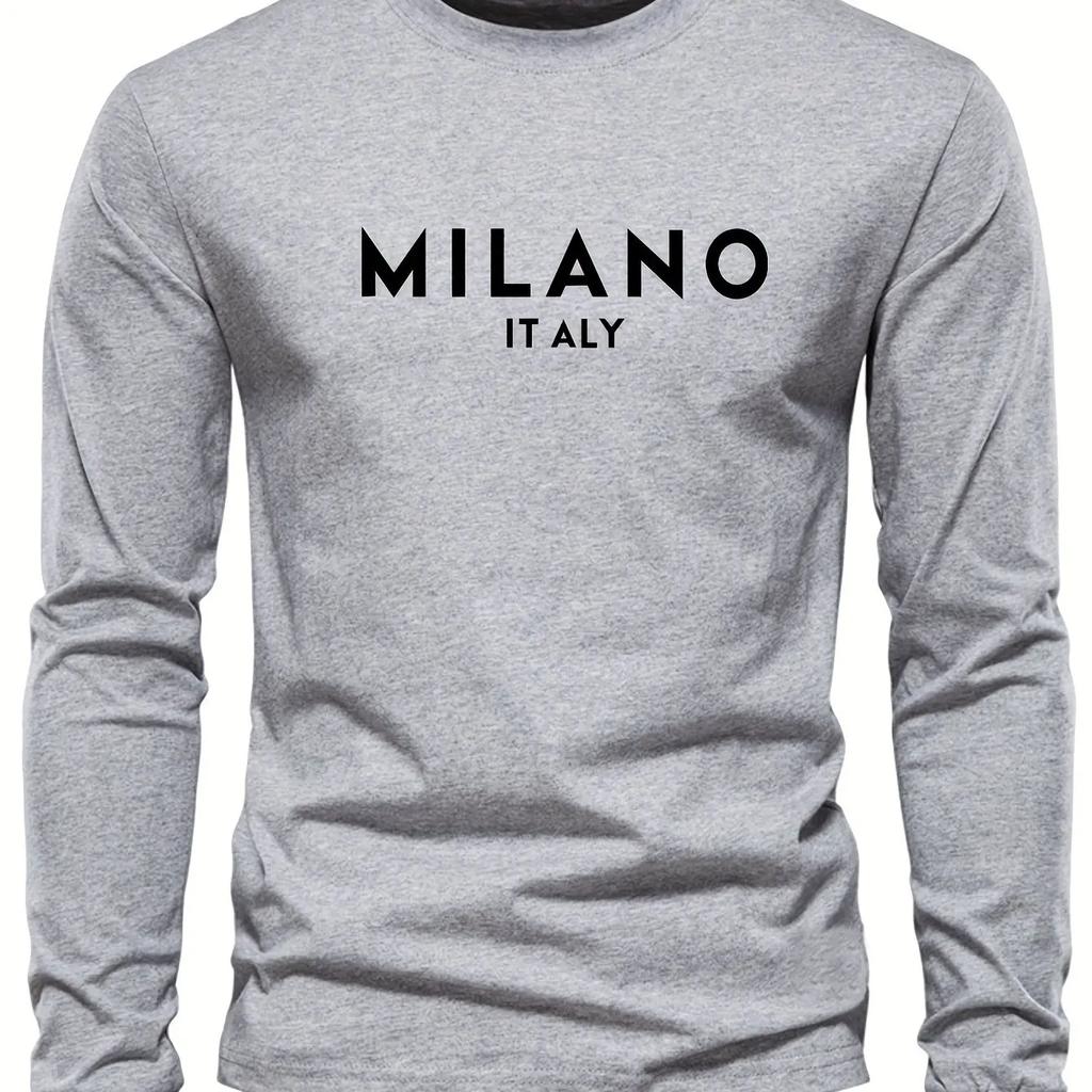 Pánské 100% čistý polyester pohodlné sportovní ležérní volný střih nadměrná velikost MILANO ITÁLIE potištěné tričko s kulatým výstřihem a dlouhým rukávem