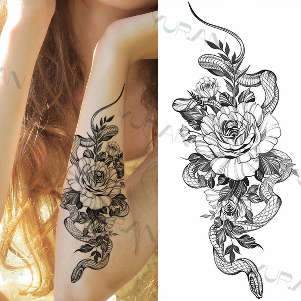 Zwarte Grote Slang Bloem Fake Tattoo Sticker Voor Vrouwen Dot Rose Pioen Tijdelijke Tattoos DIY Water Transfer Tatoos Meisjes
