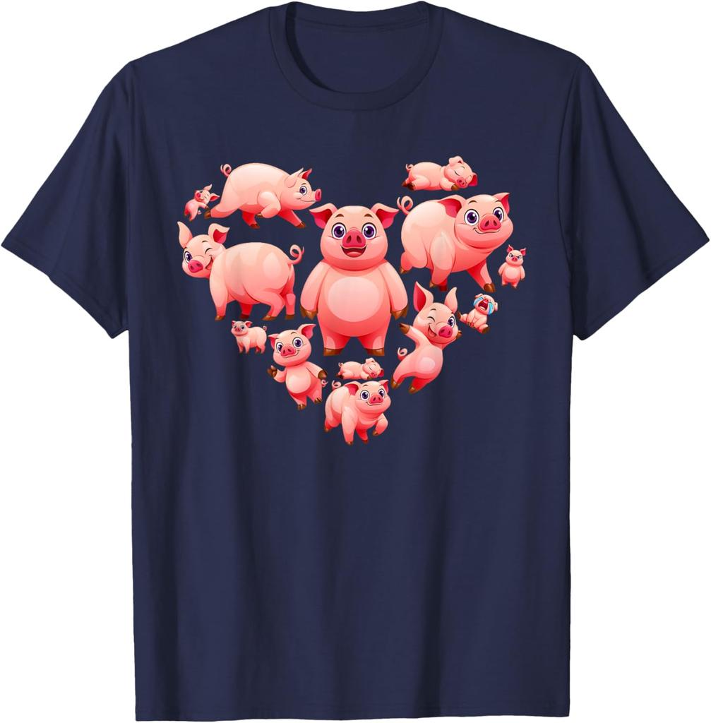Pigs Heart Shape Cute Love Hog Swine Graphic T-Shirt Cotton Casual Short Sleeve Tee