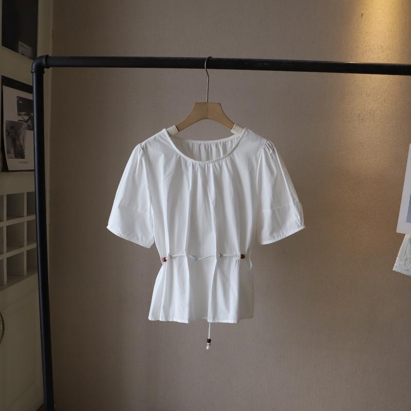 

Korean Style Beaded Tie-Waist Slim Fit Short Sleeve Women s Top One Size білий