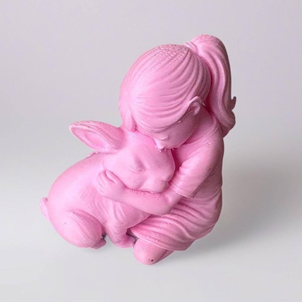 Unique Girl Hugs Rabbit Statue Cute Desktop Dog Figurine Girl and Rabbit Sculpture  Desktop Use розовый