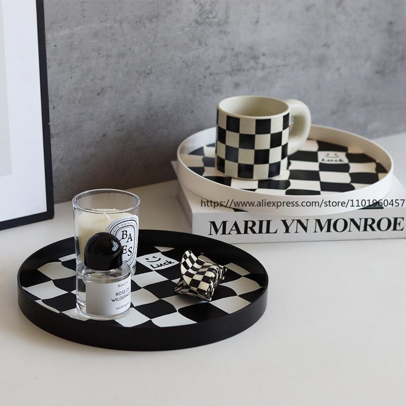Nordic-Style Checkerboard Storage Fruit Plate Cup Perfume Jewelry Sundries Desktop Decoration Tray