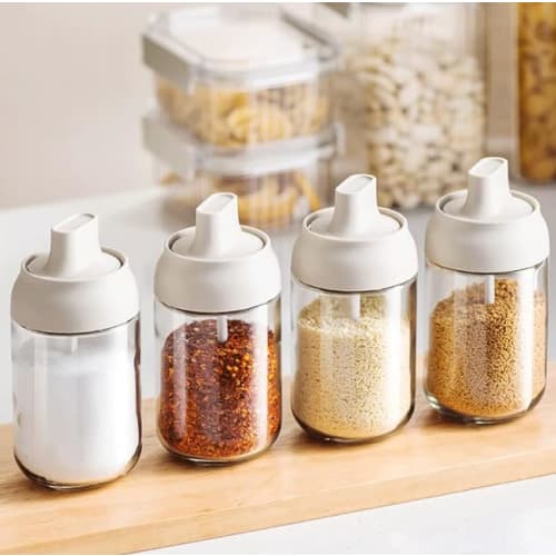 Glass Seasoning Jar with Integrated Spoon, Condiment Pot, Sugar Jar, Spice Bottle, Airtight, Seasoning Storage Container, Kitchen Supplies, Seasoning