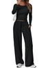 2025 European Cross-Border Spring/Autumn Solid Color Drawstring Waist Long Sleeve and Straight Leg Pants Casual Two-Piece Set