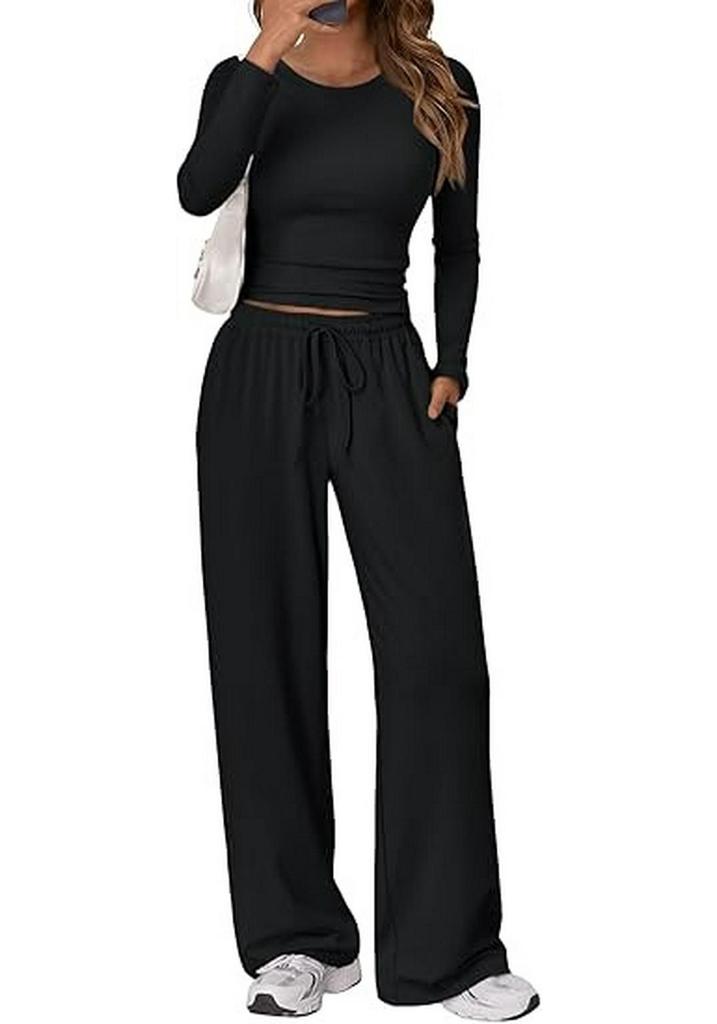 2025 European Cross-Border Spring/Autumn Solid Color Drawstring Waist Long Sleeve and Straight Leg Pants Casual Two-Piece Set