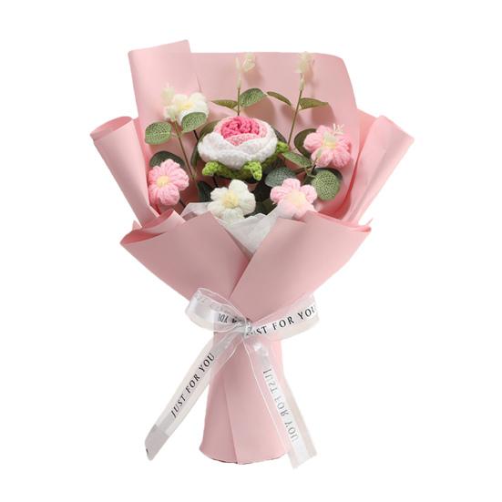 Crochet Flower Bouquet Handmade Completed Knitted Rose Puff Flowers for Valentine's Day Mother's Day