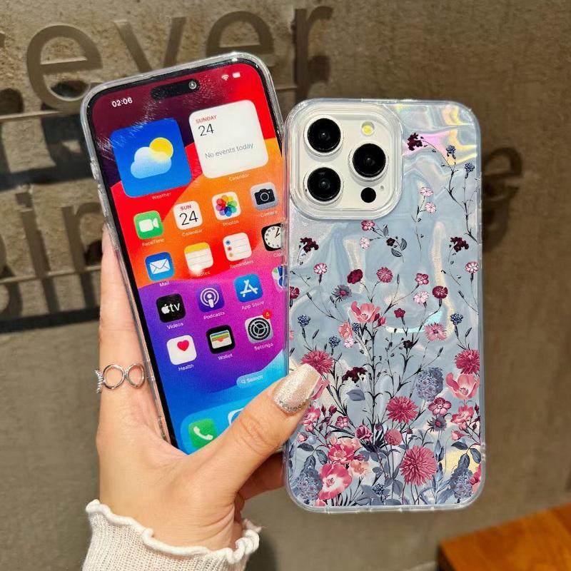 Floral Print Slim Glitter Phone Case For iPhone 16 Pro Max 15 14 Pro 13 12 11 Feather Sparkling Shockproof Clear Soft Edge Hard PC Back Cover