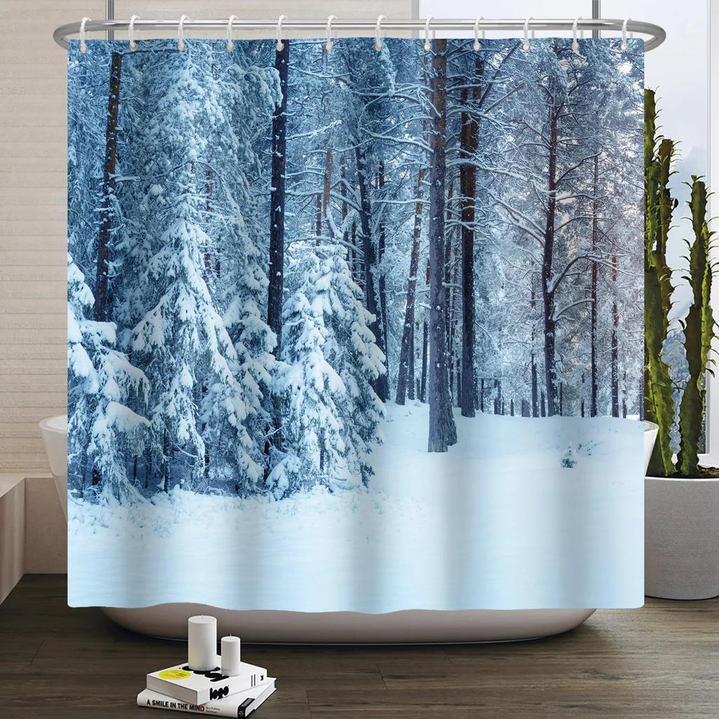 Christmas Shower Curtain Snowflake Snowman Winter Forest Bathroom Bathtub Decoration Waterproof Fabric With Hooks