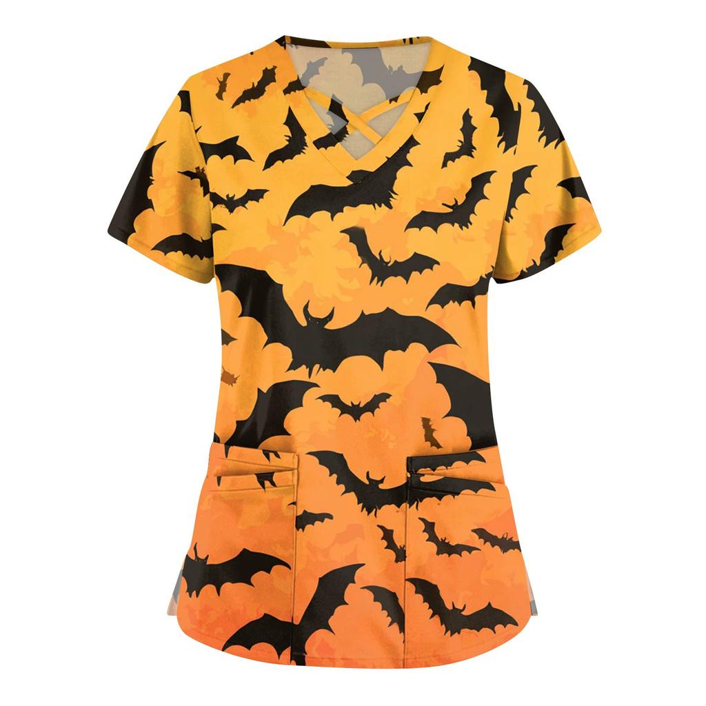 Women's Fashion  V-Neck Short Sleeve Overalls Double Pocket Halloween Printed Tops  Apparel