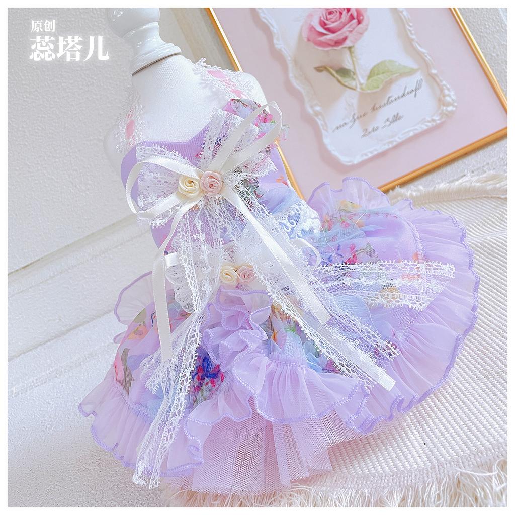 Fine Fashion Purple Lolita Princess Dress for Small Medium Dog Pet Dog Clothes Lace Print Bow Dress Yorkshire Poodle Puppy Skirt