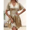 Metallic Texture Deep V Neck Ruffle Short Sleeve Solid Smocked Midi Dress For Women