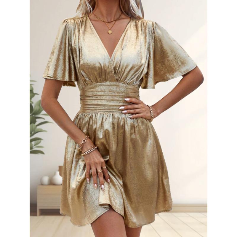 Metallic Texture Deep V Neck Ruffle Short Sleeve Solid Smocked Midi Dress For Women
