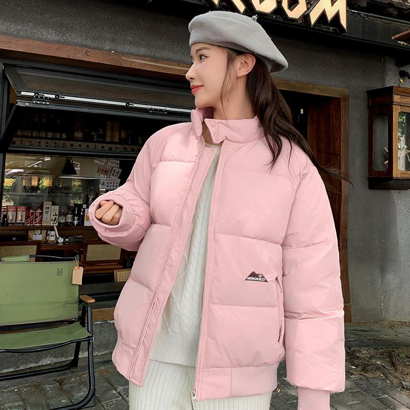 

Baseball uniform stand-up collar women s winter new solid color sports wind loose warm jacket couple cotton-padded coat XXL розовый