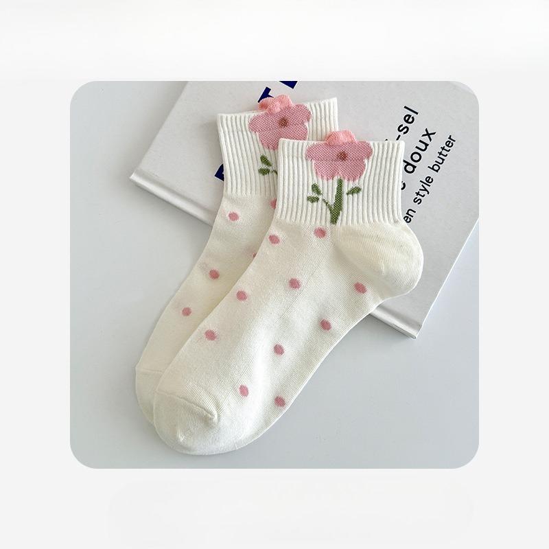 Female Spring and Summer Versatile Cartoon Cute College Style Bow Student Tube Cotton Socks