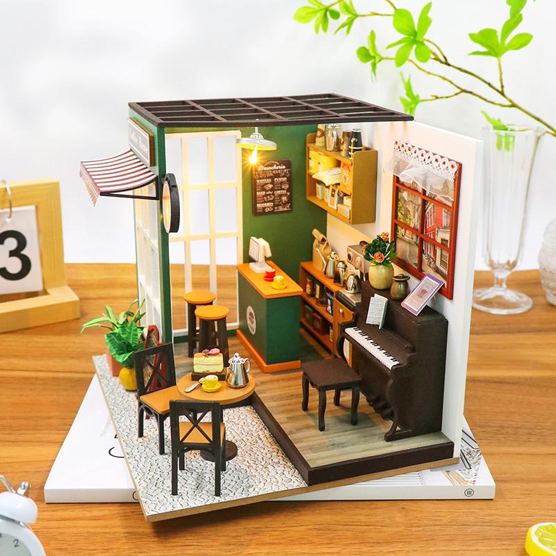 DIY Wooden Doll House Toy 3D Puzzles Mini Dollhouse Handmade Doll House Model Building Kits Coffee House Toys For Children Gifts