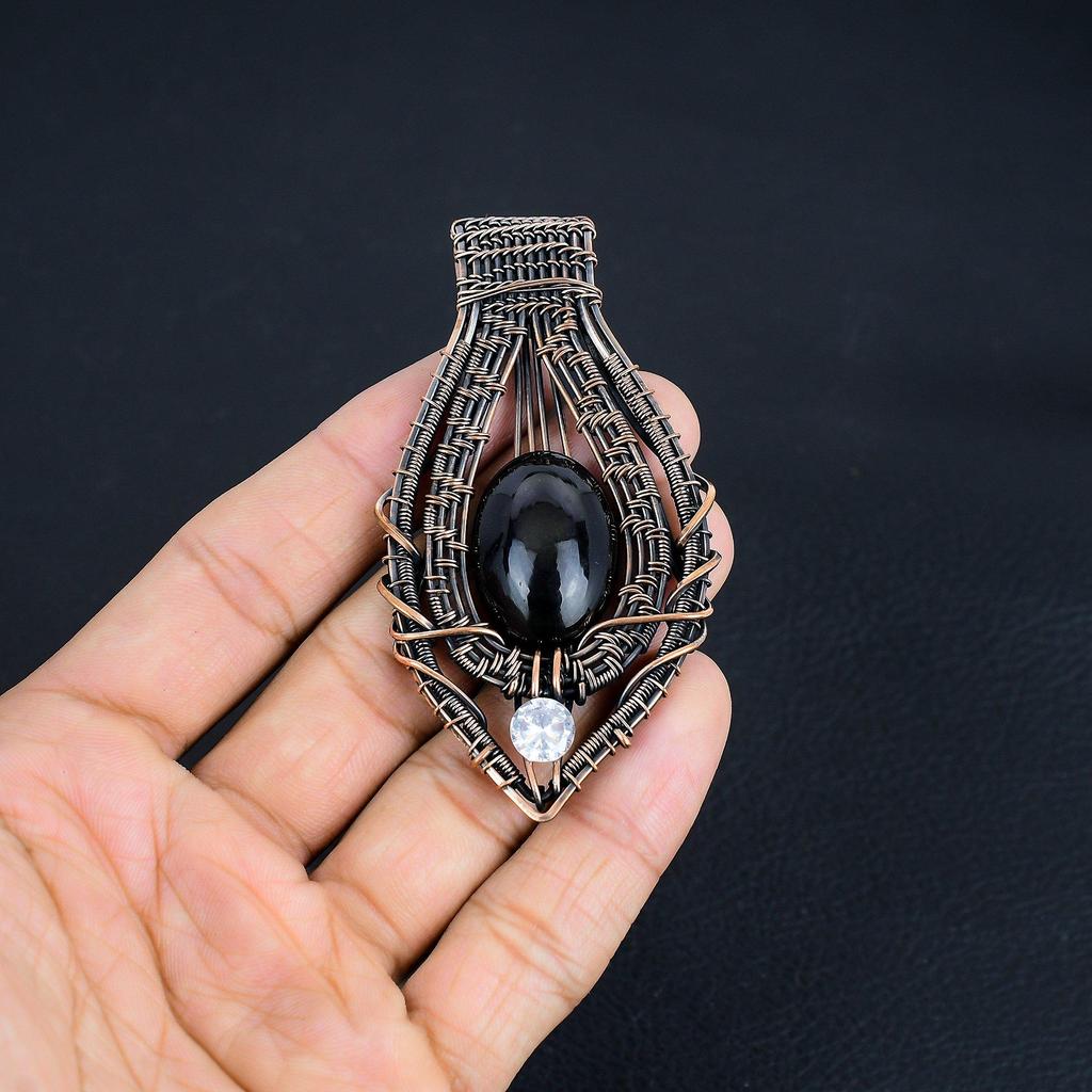 Black Obsidian Eye Pendant Gemstone Handmade Jewelry, 999 Copper Wire Wrapped Pendant, Gift For Wife Jewelry