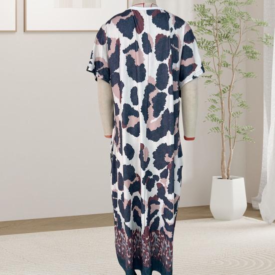 Women Summer T-shirt Shift Dress Leopard Print Short Sleeve V Neck