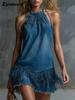 Einzigartiger Vintage-Stil Fransen Blaue Denim Cutout Minirock