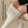 1Pair New Cotton Knee-high Socks Ruffled Edge Japanese Style Calf Socks Solid Color Sweat-absorbent Boot Socks Fall Winter