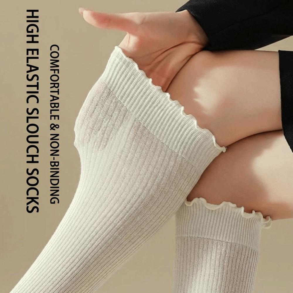 1Pair New Cotton Knee-high Socks Ruffled Edge Japanese Style Calf Socks Solid Color Sweat-absorbent Boot Socks Fall Winter