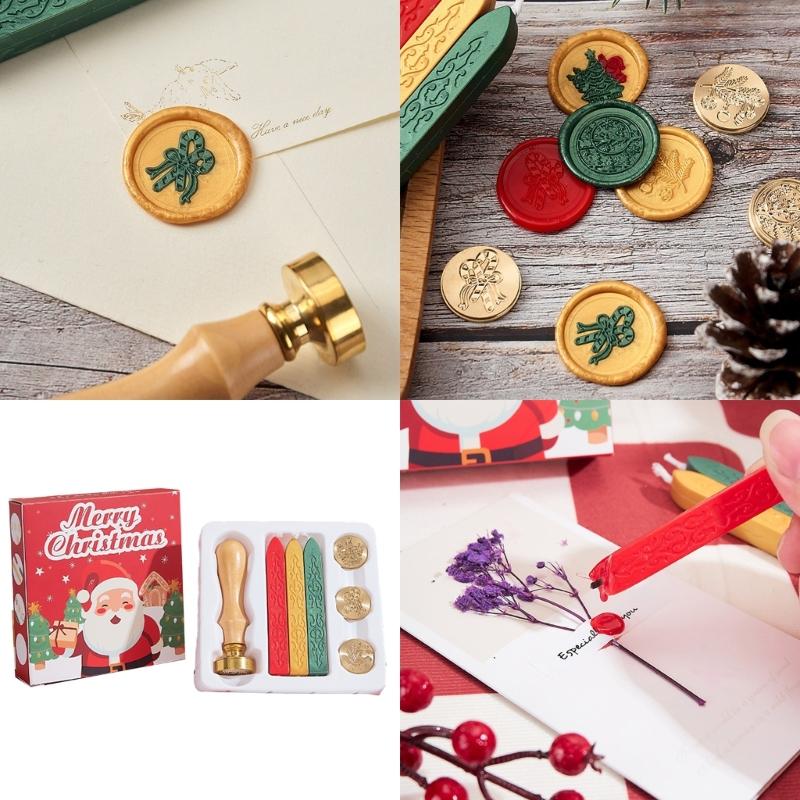 Christmas Holiday Seal Stamp Set for Wedding Christmas Valentines, With Wood Handle, Replaceable Stamp Head, Seal Sticks