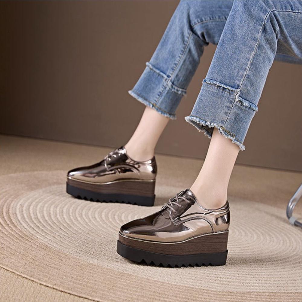 2026 Autumn Women Square Toe Patent Leather Wedge Platform Pumps, British Style Height‑Increase Versatile Thick‑Sole Casual Leather Shoes HZB‑761‑8