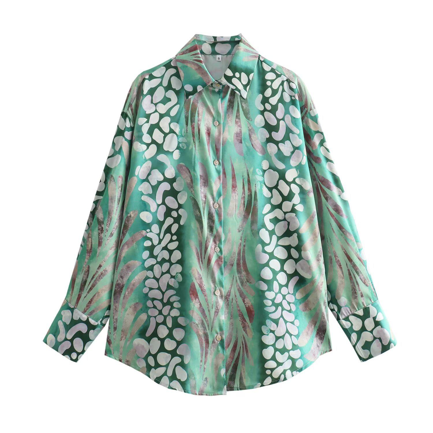 

2024 Весна Европейский и Американский Женский Комплект Рубашка с Принтом из Шелкового Сатина и Юбка Миди XS