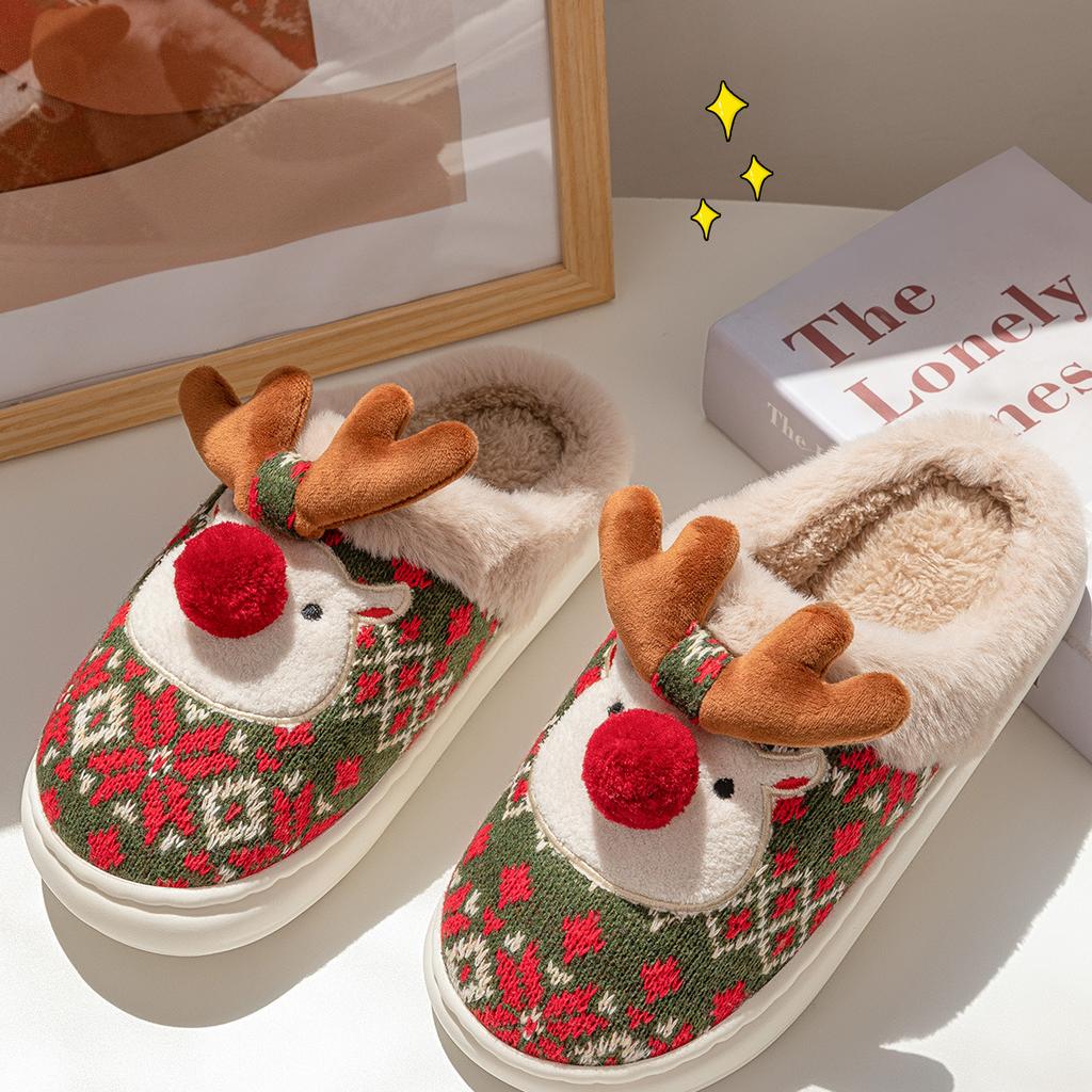 Christmas Cotton Slippers for Ladies In Winter, Cute Indoor Home, Deer Anti Slip Plush, Wearing Cotton Slippers Outside