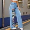 Light blue vertical row colorful butterfly printed wide-leg jeans, fresh girl casual trousers spot wholesale
