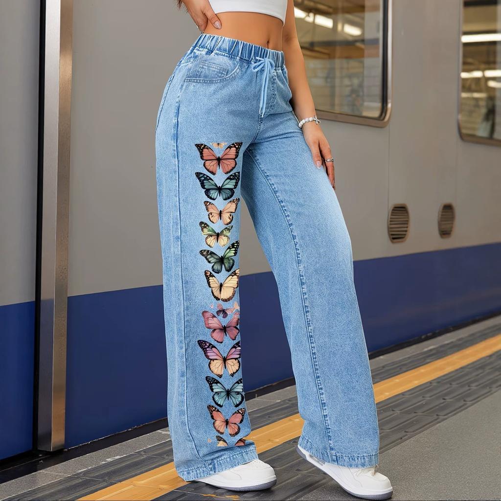 Light blue vertical row colorful butterfly printed wide-leg jeans, fresh girl casual trousers spot wholesale