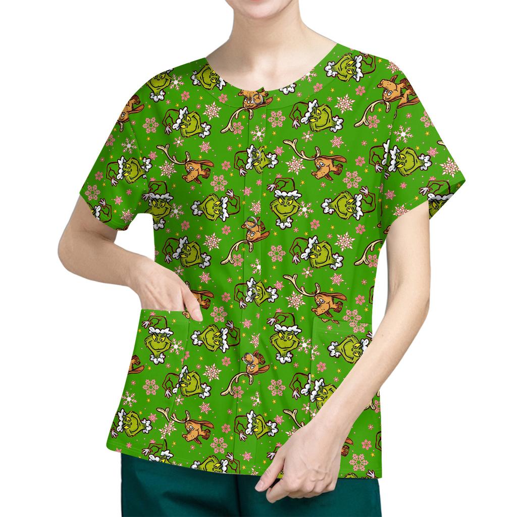 Women's Short Sleeved Patterned Pockets, Work Print Stand Up Collar, Single Breasted Protective Clothing, Cardigan Jacket, Top