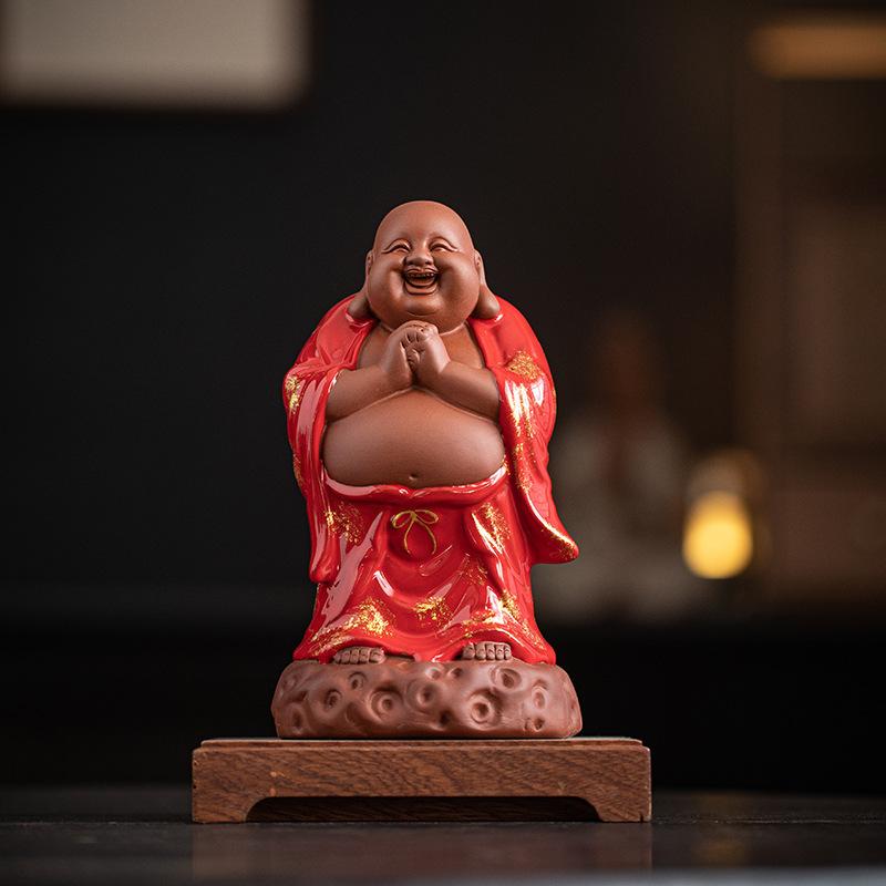 Chinese Zen Purple Clay Fortune Big Belly Maitreya Buddha Smiling Living Room Office Porch Desktop FENG SHUI Statue Decoration