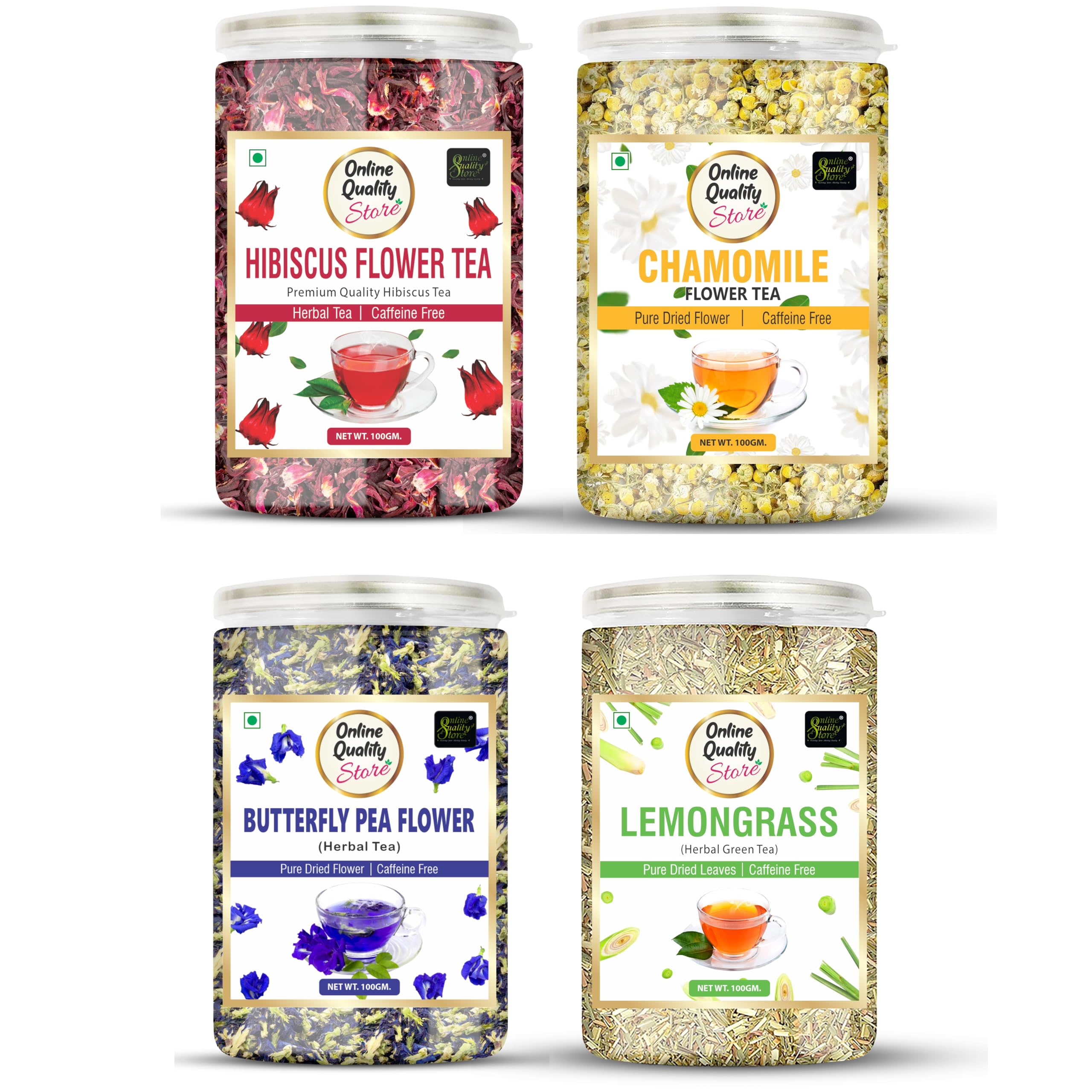 

Online Quality Store Hibiscus Flower Tea, Butterfly Pea, Chamomile, Lemongrass - 100gm Each (4 x 100 gm) Total 400 gm