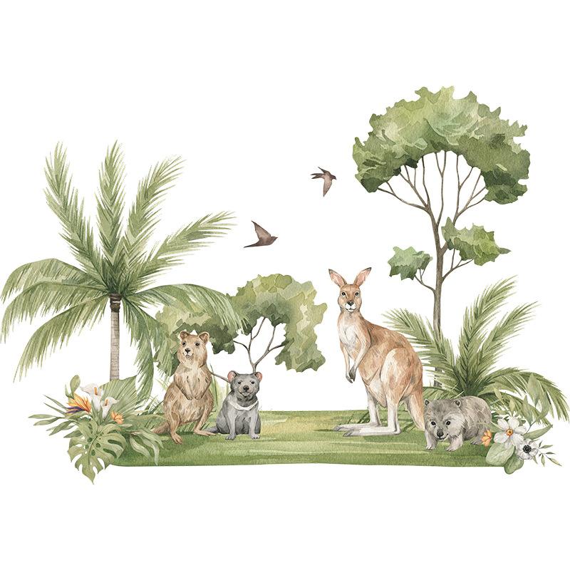 Cartoon Tropical Plants Coconut Tree Kangaroo and Raccoon Wall Sticker Self-Adhesive Removable for Bedroom Entryway Home Decor