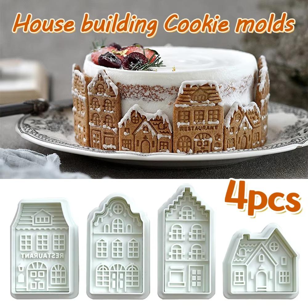 4 Piece 3D Embossed Christmas Gingerbread House Cookie Cutter Spring Press Design Cartoon Fondant Molds Green Plastic