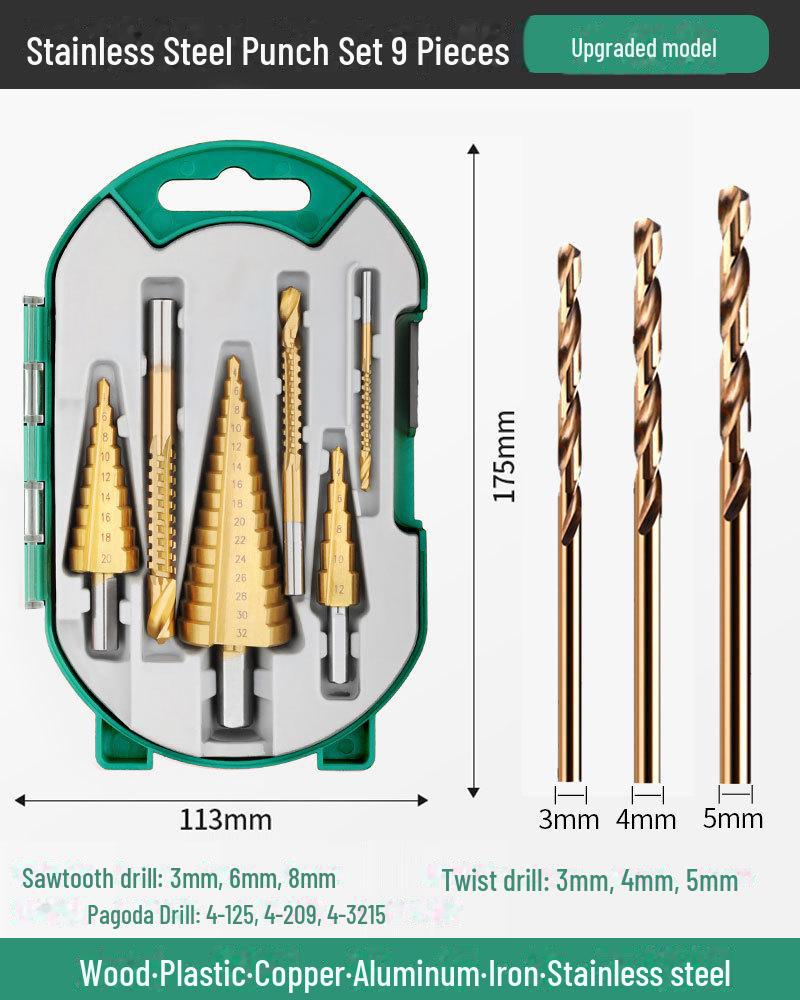 Green Forest Sawtooth Pagoda Drill Bit Set for Wood & Metal