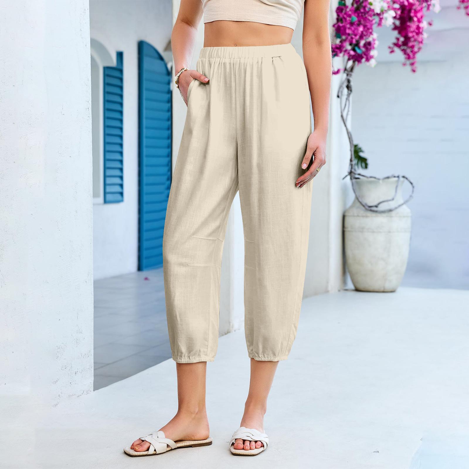 

Pants For Women High Waisted Pull Elastic Waist Casual Summer Capris Beach Vacation Pants L хакі