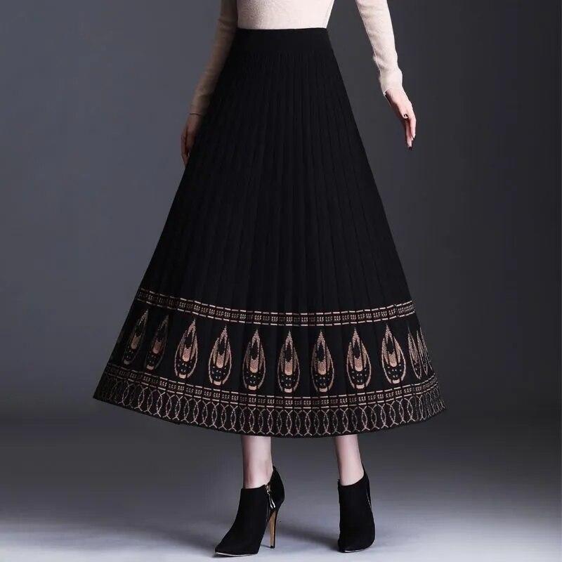 

Жаккардовая макси-юбка для мамы, винтажная черная осенне-зимняя вязаная плиссированная юбка, женские длинные с высокой талией
