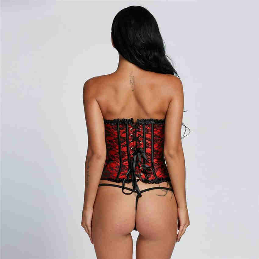 Females Sexy Lingerie Basques Red Floral Lace Up Overbust Corsets Women Party Clothing