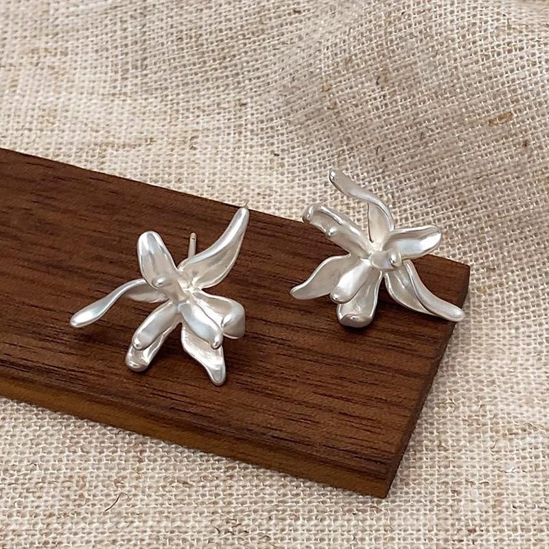 PONYKISS Sterling Silver Matte Flower Vintage Stud Earrings for Women Fine Minimalist Plant Accessories