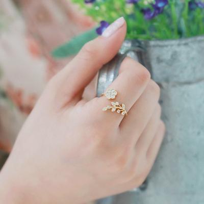 Fashion Temperament Diamond-set Twisted Leaves Ruyi Flower Opening Ring, Index Finger Ring Female