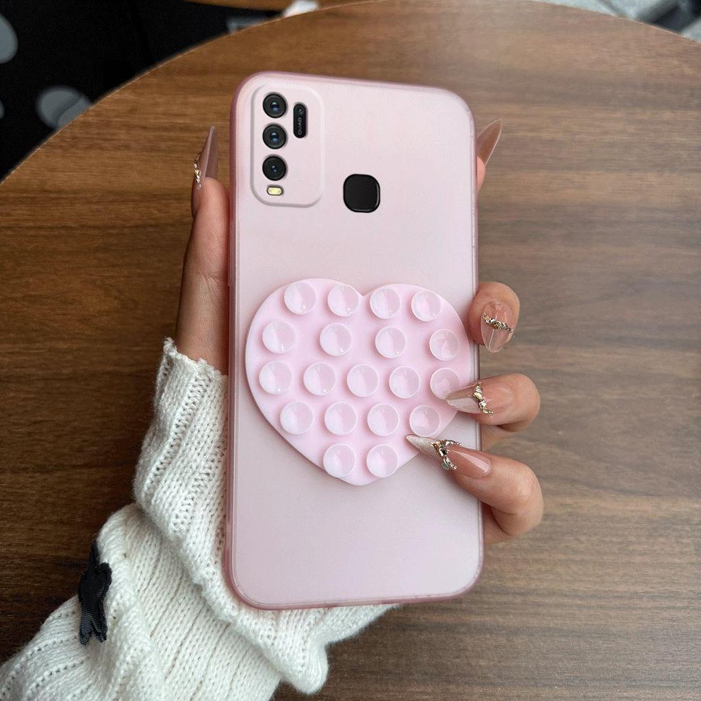 Heart Shape Suction Cup Phone Case for Vivo Y50,Y30 4G Semi Transparent Matte Shockproof Soft TPU Cover