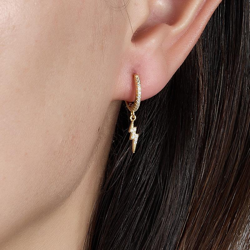 Sterling Silver S925 Lightning Earrings, European & American Style, Niche Diamond Inlaid Studs & Hoop Accessories for Women