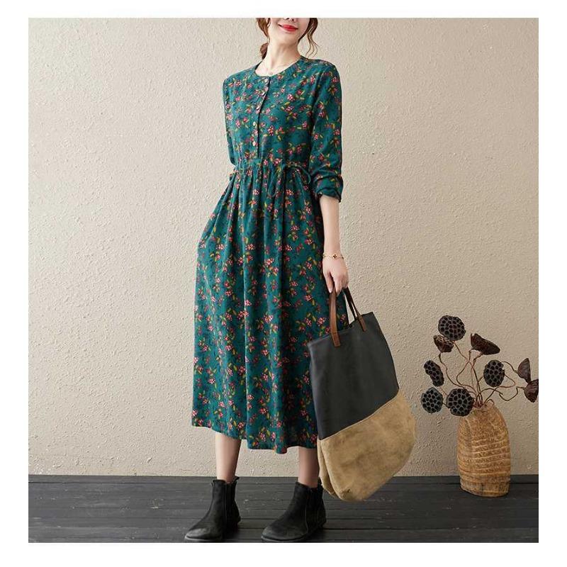 Neues bedrucktes Kleid im Ethno-Stil mit Rundhalsausschnitt und langen Ärmeln, locker